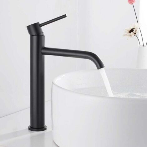 Robinet de Lavabo en Acier Inoxydable, Robinet de Lavabo Haut, Robinet de Lavabo à Poser, Mitigeur à Levier Unique, Robinet de Lavabo, Robinet de Salle de Bain Mat (Noir) (1/5)