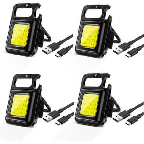 Lot de 4 mini lampes LED portables rechargeables 500 lumens, porte-clés magnétique, lampe de travail avec support pliable pour camping, réparation, urgence [Classe énergétique A+]
