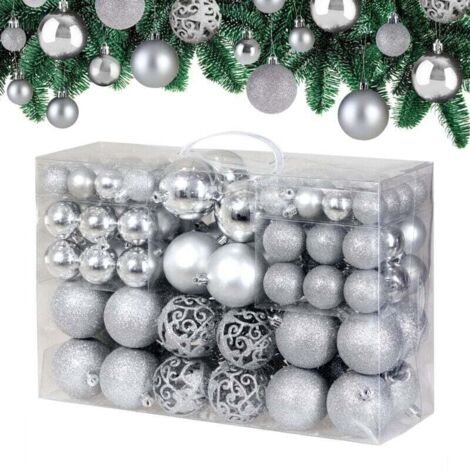 Lot de 100 boules de Noël en plastique robuste pour décoration d'intérieur et d'extérieur - Argent