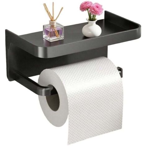Porte-rouleau de papier toilette avec support mobile – Porte-papier hygiénique autocollant pour salle de bain (noir, carré, 18 x 10 x 8 cm) (1/4)