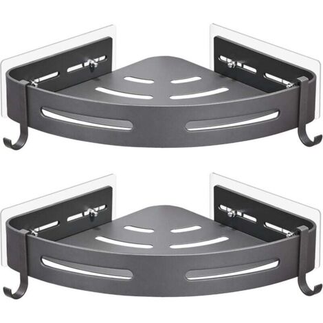 Étagère de douche d'angle sans perçage en métal avec 2 crochets de douche, antirouille, autocollante, pour salle de bain (gris) (1/4)