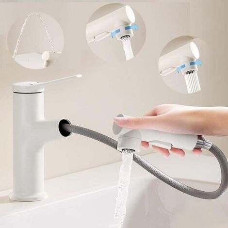 Robinet de lavabo, 3 modes d'eau, robinet de salle de bain, robinet extractible d'eau chaude et froide, fonction fontaine, avec tuyau d'arrivée d'eau (1/4)