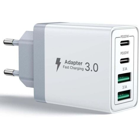 Chargeur USB C, 40W 4 Port Prise USBC Chargeur Rapide iPhone, Multi Secteur PD+QC 3.1A Type C Adaptateur pour iPhone 16 15 14 13 12 11 Pro Max X XS XR 8 7 6S Plus Mini SE, iPad,Samsung Galaxy