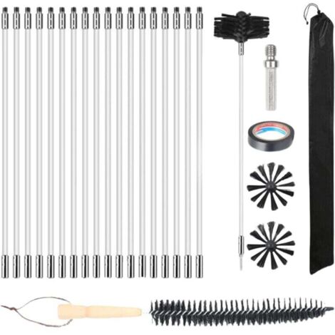 Kit de 25 brosses de nettoyage de cheminée avec 18 tiges flexibles en nylon + 2 têtes de brosse + 1 longue brosse en bois + sac de rangement pour conduit de cheminée, sécheuse, regard de cheminée, hot