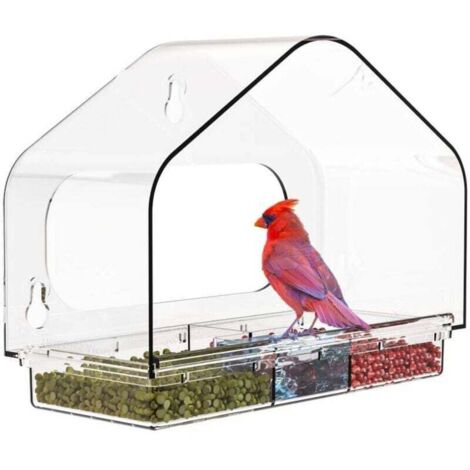 Mangeoire en acrylique transparent avec quatre ventouses ultra-résistantes, adaptée aux balcons et autres emplacements.