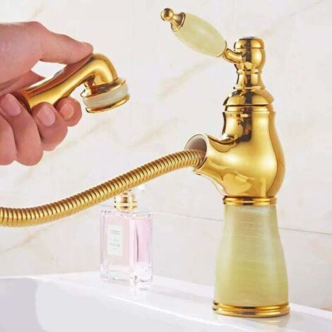 Robinet extractible Jade, robinet de baignoire monotrou, mitigeur de lavabo, robinet de lavabo à eau froide/chaude monté sur comptoir (couleur : or) (1/4)
