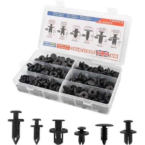 Kit de 190 clips de fixation pour automobile, rivets en plastique noir, clips de protection pour panneaux de porte et pare-chocs, compatible avec la plupart des véhicules.