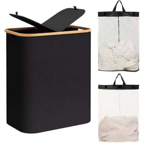 Panier à linge pliable, 140 L, 2 compartiments, seau à linge avec poignée en bambou, panier à linge avec sac Oxford amovible pour buanderie, chambre, salle de bain (1/4)