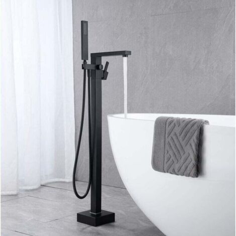 Robinet De Baignoire Avec Douchette Cascade Baignoire Robinet Mitigeur Au Sol Autoportant Melangeur Baignoire Îlot Sur Pied Avec Poignée Noir (underground installation)