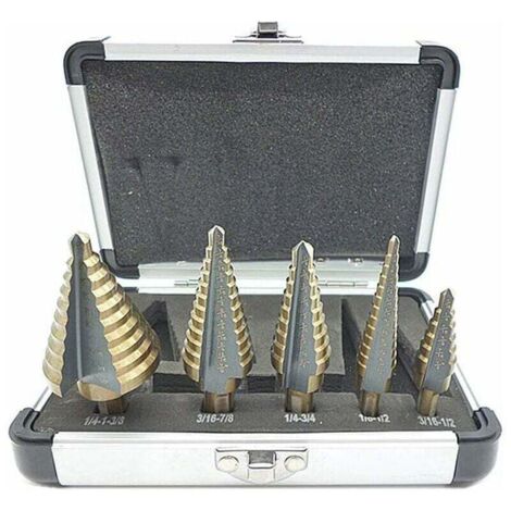 5 Pcs Foret Fraise Meche Etage, Foret Étagé, avec Boîtier en Aluminium Professionnel, Tige Hexagonale, avec Tampon de Centrage Automatique, Perçage Précis Dans L'acier, le Métal (1/4)