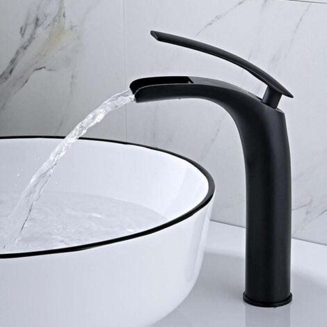 Robinet Cascade Salle De Bain Noir,Robinet De Lavabo Cascade ,Cascade Mitigeur Salle Bain Avec Valve En Céramique Monocommande Chaude Et Froide Réglable (Noir - haute)