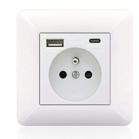 Panneau de prises françaises Type-c+USB16A Type 86, nombre de prises : 2 trous, nombre de ports USB : 1, nombre de ports type-c : 1, sûr et ferme(arc blanc) (1/4)