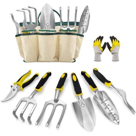 Ensemble de 8 outils de jardin, comprenant un sac de rangement, des gants de jardinage, un sécateur, une pelle, un râteau et tout le nécessaire pour l'entretien du jardin.