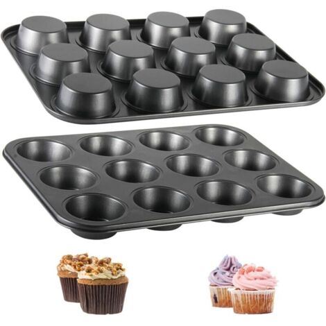 Lot de 2 grands moules antiadhésifs pour muffins, cupcakes, brownies, gâteaux et puddings, 35,5 x 26,5 x 2,7 cm, noirs (1/4)