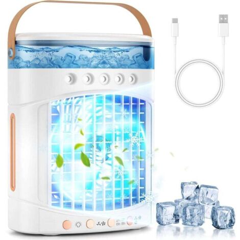 Climatiseur portable 4 en 1 avec réservoir d'eau de 700 ml, 2 vitesses et 7 couleurs de lumière LED - Mini climatiseur par évaporation pour camping, bureau, chambre, voiture