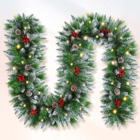Couronne de Noël, couronne de sapin de Noël de 2,7 m, 220 pointes en PVC, 20 aiguilles de pin souples, avec 5 m 50 lumières, convient pour cheminée (270 cm)