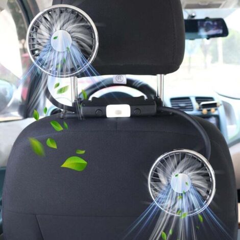 Ventilateur de siège arrière pour enfant, double tête avec 2 interrupteurs, rotation à 360°, 3 vitesses, alimenté par USB, convient aux voitures, SUV, camions et fourgonnettes.