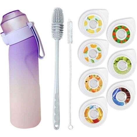 Gourde de sport universelle avec 7 jeux de capsules aromatiques, goupillon et dosettes parfumées. Sans sucre, sans BPA, idéale pour la salle de sport, le bureau et la course à pied. Dégradé de violet.