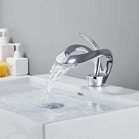 Robinet mitigeur de salle de bain cascade avec robinet mitigeur en céramique réglable pour eau chaude et froide avec tuyau d'arrivée (Chromage) (1/4)