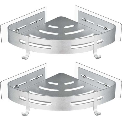 Étagère de douche d'angle en métal sans perçage, 2 pièces, avec 2 crochets de douche, support autocollant antirouille pour fournitures de salle de bain (argent)