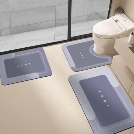 Tapis de sol de salle de bain simple en boue de diatomée, tapis de sol absorbant à séchage rapide en forme de U pour toilettes, ensemble de trois pièces bleu