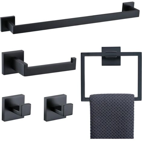 Ensemble d'accessoires de salle de bain 5 pièces en acier inoxydable noir mat et or brossé, porte-serviettes et 2 crochets pour serviettes, fixation murale en acier inoxydable (noir) (1/4)