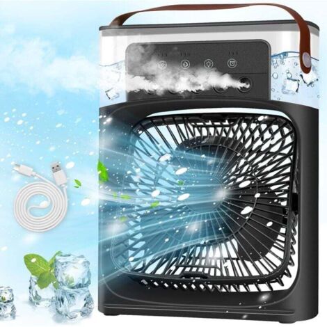 Climatiseur Mobile Portable, Mini Refroidisseur D'air, Mini Air Climatiseur Ventilateur, Air Cooler fan con 3 Velocità, Timer, 7 Lumières LED, Modes de Brumisation (Noir)