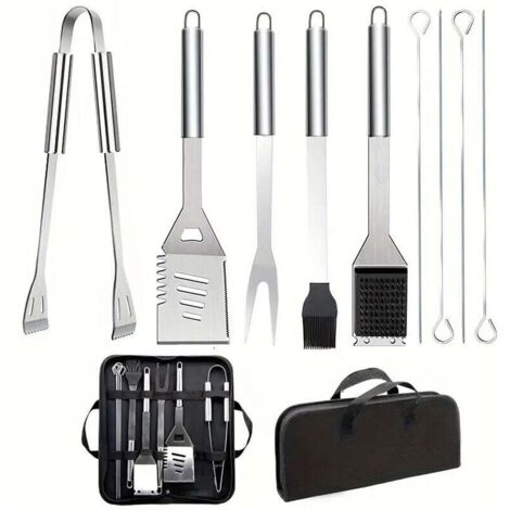 Ensemble d'ustensiles de barbecue en acier inoxydable 9 pièces avec sac de transport, pelle, brosse métallique, pinces et fourchette, accessoires de cuisine en plein air et de camping (1/4)