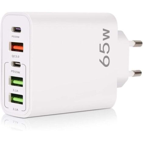 Chargeur USB C, 65W 5 Ports Chargeur USB C avec Chargeur Rapide Intelligent QC 3.0, Adaptateur d'alimentation USB pour iPhone 15 14 13 12 11 Pro Max SE 2020 XS XR 8 7, Samsung