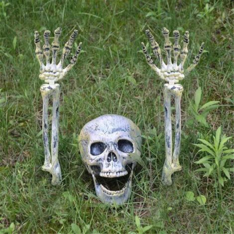 Crâne et bras de squelette d'Halloween, lot de 3. Décorations d'Halloween réalistes en forme de squelette pour intérieur et extérieur, accessoires de fête d'Halloween.