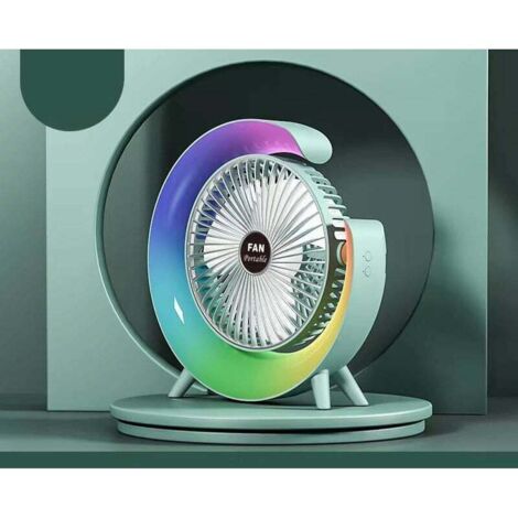 Ventilateur et lampe de bureau, ventilateur de table rotatif avec 3 vitesses réglables, ventilateur de bureau avec lumière d'ambiance, ventilateur de voyage rechargeable 1800 mAh avec veilleuse coloré