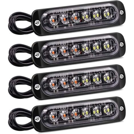 4PCS lumières flash stroboscopiques, 6 LED d'avertissement de danger d'urgence clignotant lumière étanche orange et blanche balise de panne barre lumineuse 12V 24V pour camion de voiture
