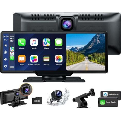 9,26 Pouces Ecran Carplay Voiture avec Caméra Embarquée Avant 2,5 K, Caméra de Recul 1080p, A-pple Carplay Android Auto sans Fil, Mirror Link, Navigation, G00gle, Siri,FM,AUX,Carte de 64 Go