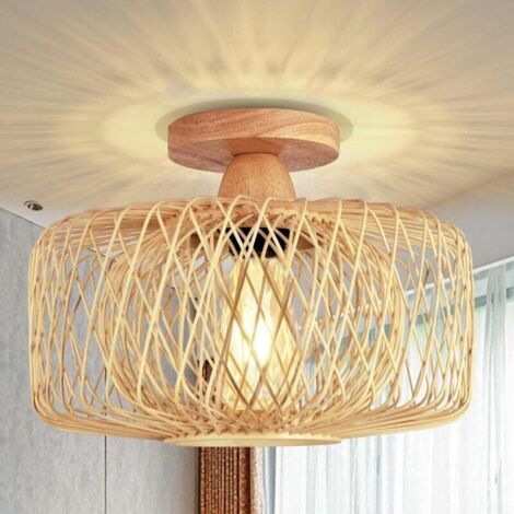 plafonnier salon, plafonnier vintage boho avec abat-jour en rotin,lampe suspendue rustique pour chambre cuisine couloir table à manger