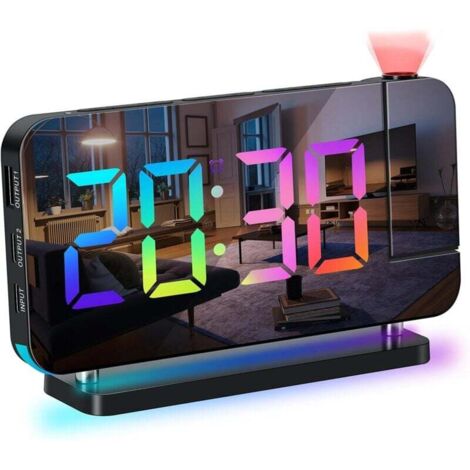 ThreeH Réveil Arc-en-Ciel Numérique Réveil à Projection Grand écran LED Miroir Veilleuse Colorée Double Ports Charge USB Fonction Snooze Dimming Volume Ajustable Noir (1/4)