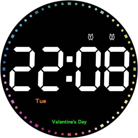 Horloge murale ronde, 25 cm, grande horloge murale numérique, grand écran avec trotteuse arc-en-ciel, affichage/semaine/température/luminosité réglable, horloge murale LED pour maison/bureau/garage (1/4)