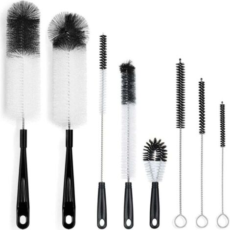Goupillon [Lot de 8] - Brosse de nettoyage longue pour pailles, biberons, bouteilles d'eau, bouteilles de bière, thermos - Noir