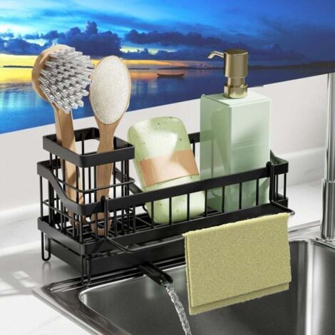 Organiseur d'évier, Porte Eponge Evier Cuisine en Acier Inoxydable avec Porte Brosse Amovible, Séparateur Amovible, Rangement et Organisation de Cuisine, Noir