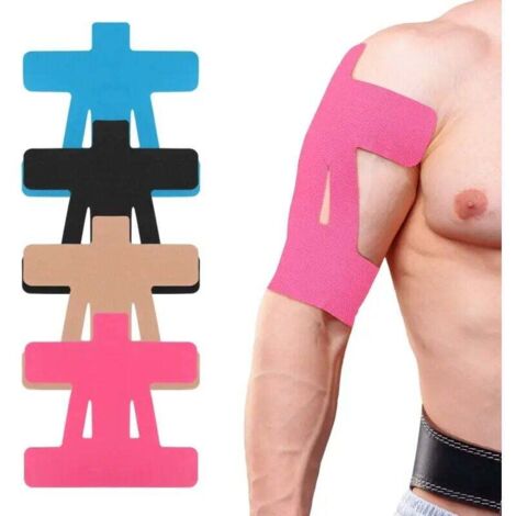 Lot de 12 bandes de kinésiologie prédécoupées pour l'épaule : soutien et stabilité, imperméables et respirantes (couleur chair + bleu + noir + rose rouge).
