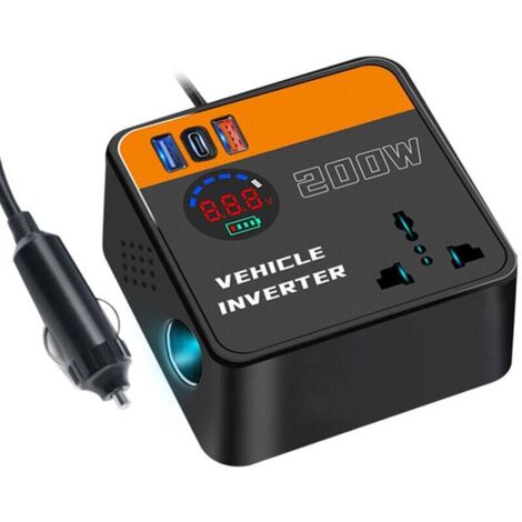 Convertisseur Voiture 200W 12V 220V Convertisseur de Tension Camion avec Type-C & Port USB, Onduleur Transformateur avec Allume Cigare Prise Electrique pour Voiture, Caravane, Camping
