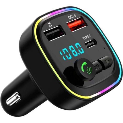Transmetteur FM Bluetooth Voiture, Allume Cigare Bluetooth Kit MP3 sans Fil à Charge Rapide QC3.0, 2 Ports USB et 1 Port Type-C, Appels Mains Libres, Support USB/Carte TF (1/4)