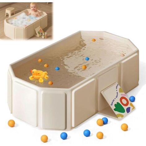 Baignoire Pliable Bébé, Baignoire Portable pour Enfants de 0 à 8 Ans, Baignoire Enfant Pliable pour Douche avec Bouchon de Vidange, Bassin Pliable pour Douche ou Jardin, Beige