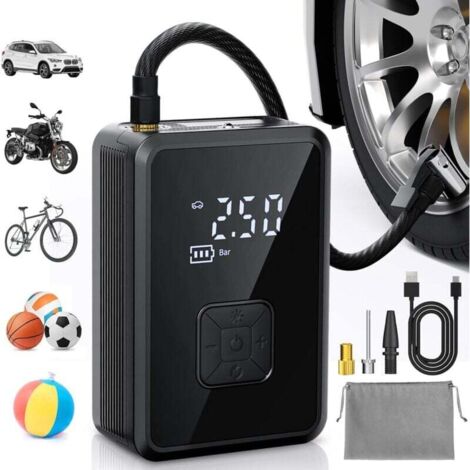 Gonfleur Pneus Voiture sans Fil 4000mAh Mini Compresseur à Air Portatif 150 PSI (10,3 Bar) Inflation Rapide Cylindre 17 mm Type-C USB Charge avec Tuyau de 30 cm et Sac de Rangement