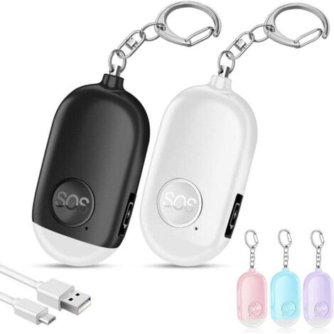 130DB Lot de 2 Alarmes Personnelles Anti-Agression Rechargeables Avec Porte-clé et LED Lampe de Poche - Pour Femme, Enfants, Personnes Âgées (Blanc+Noir)