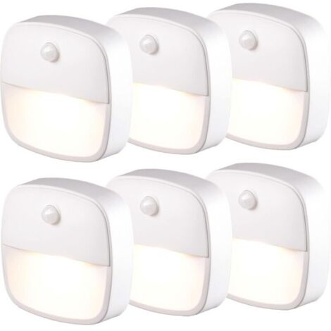 Veilleuse LED avec détecteur de mouvement, lot de 6 veilleuses avec détecteur de mouvement et piles, lampe d'escalier autocollante, lampe de placard pour couloir et chambre, lampe d'orientation (blanc