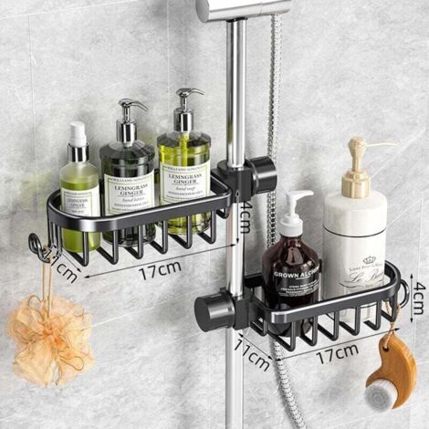 Etagere Douche sans Percage 2pcs, Étagère de Douche à Suspendre INOX, Accessoire Salle de Bain Antirouille, Rangement et Organisation de La Salle de Bain Support Savon Gel pour Tringle 18-27mm