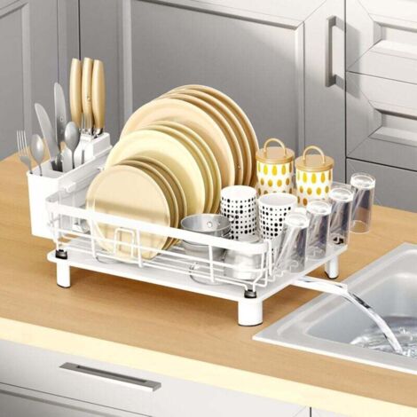 Egouttoir Vaisselle sur Evier Égouttoir à Vaisselle Blanc Egouttoir Vaisselle en Metal Dish Rack avec Plateau Dish Drainer avec Porte Couverts et Porte Tasse (Blanco, Grand)
