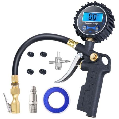 Gonfleur de pneus numérique avec manomètre, résolution de l'affichage de 0,1 250 PSI Accessoires pour compresseur et mandrin à air robuste avec tuyau en caoutchouc et raccord rapide