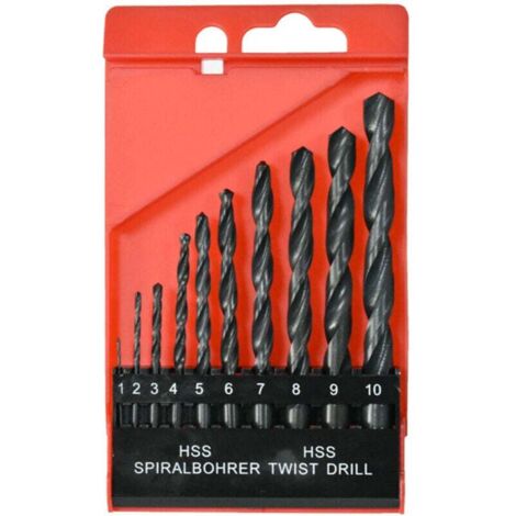 Jeu de 10 forets de 1 à 10 mm, comprenant des forets à spirale pour le bois et un coffret résistant. Outils pour le travail du bois, pour bois dur ou tendre (noir). (1/3)