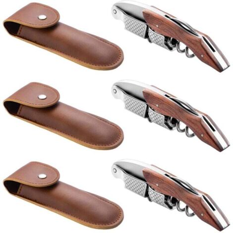 Lot de 3 tire-bouchons professionnels avec étui de protection en cuir, long manche en palissandre et poignée en acier inoxydable. Idéal pour les serveurs, sommeliers et barmans de bars et restaurants. (1/4)